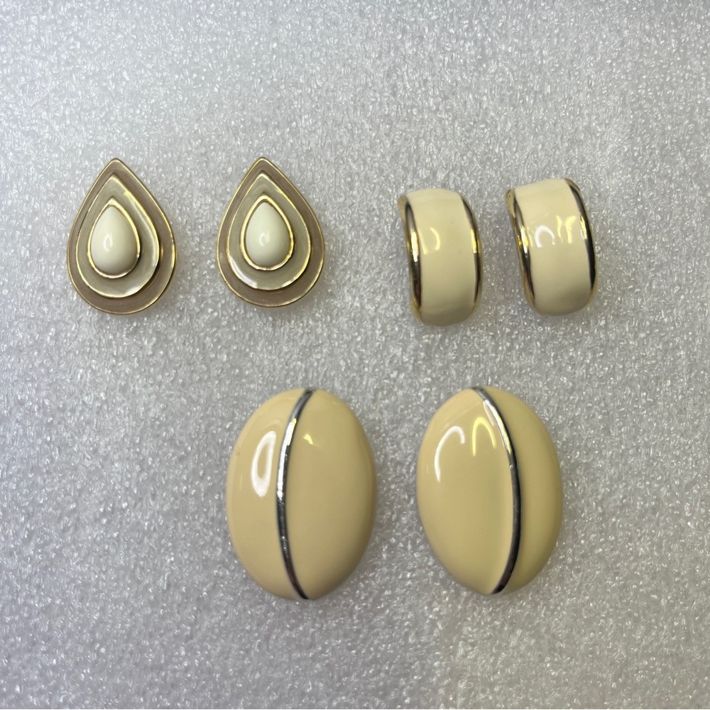 Vintage 80s Monet Trifari Gold Silver Cream Enamel Round Stud Earrings Lot of 3
